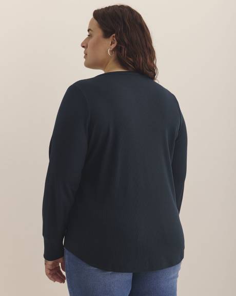 Long-Sleeve Split-Neck Waffle Knit Top