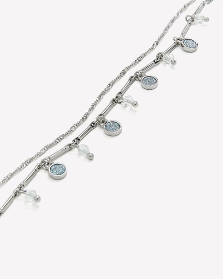 Silvery Anklets with Blue Paper Glitter Stones, Set of 2