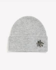 Grey Ribbed Knit Beanie with Jewel Stone Flower
