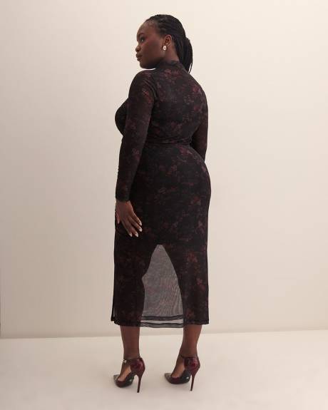 Black Fitted Mesh Midi Dress with Side Shirring - Addition Elle