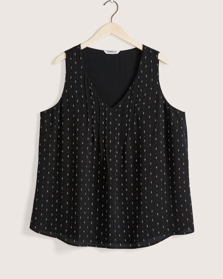 Responsible, Printed Sleeveless Blouse with Pintucks at Neckline