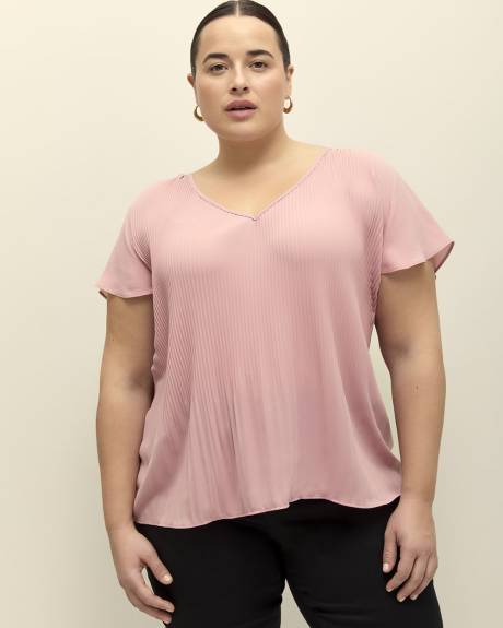 Responsible, Pleated V-Neck Blouse with Short Flutter Sleeves