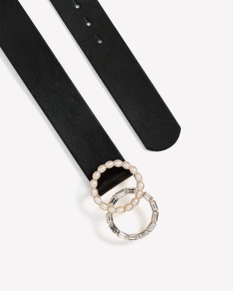 Black Denim Belt with Double Ring Pearl Buckle