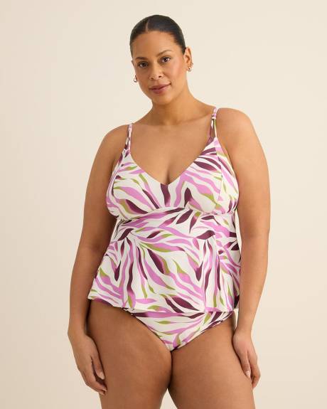 White Plunge Tankini Top with Purple Foliage Print