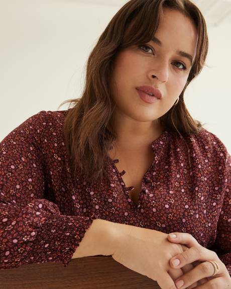 Floral Blouse with Split Neckline and Smocked Cuffs
