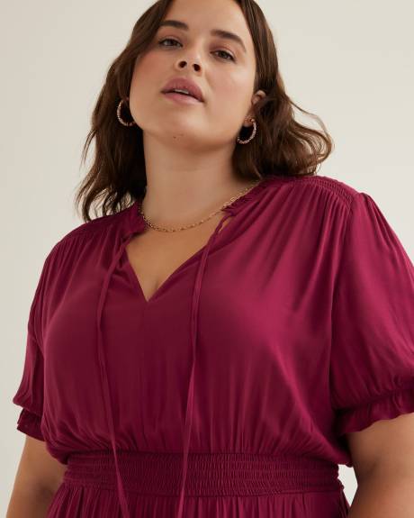 Fit and Flare Woven Dress with Short Balloon Sleeves