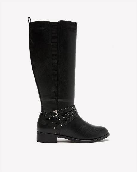 Extra Wide Width and Calf, Tall Black Boot with Thin Studded Straps
