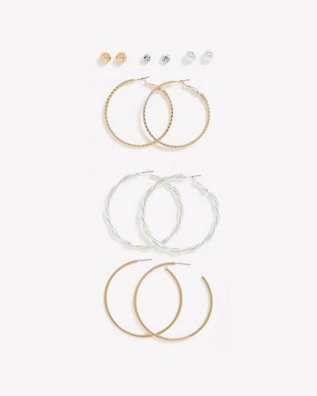 Silver and Golden Medium Hoops and Stud Earrings, Set of 6