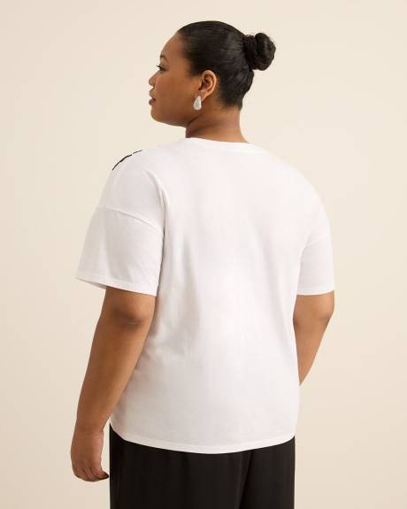 Crewneck Knit Top with Leaf Rhinestone Embellishment