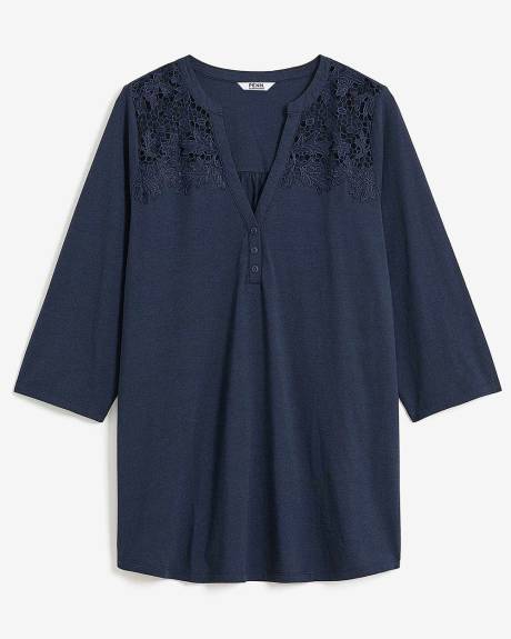 3/4-Sleeve Knit Top with Crochet