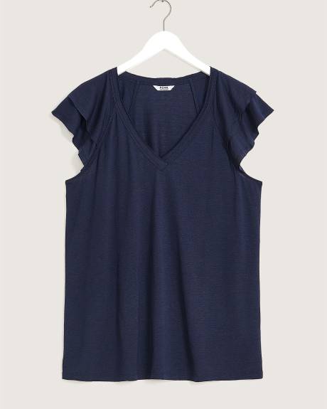 V-Neck Knit Top with Double Flutter Sleeve