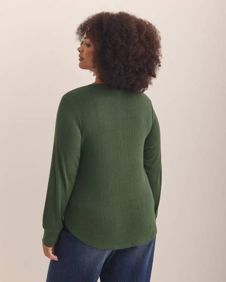 Long-Sleeve Pointelle Ribbed Knit Henley Top