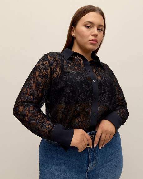 Black Lace Buttoned Down Shirt - Addition Elle