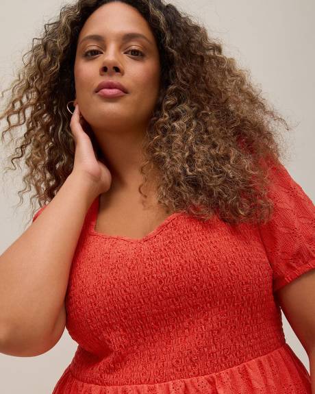 Eyelet Knit Dress with Short Balloon Sleeves