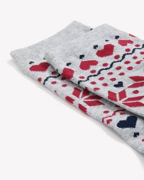 Grey Crew Socks with Heart Fairisle Print