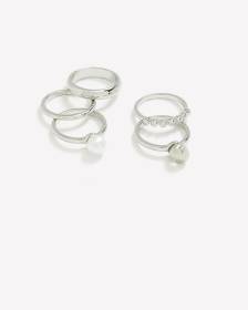 Assorted Silvery Rings with Pearl, Set of 5