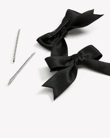 Assorted Rhinestones and Black Bow Hair Barrettes, Set of 4