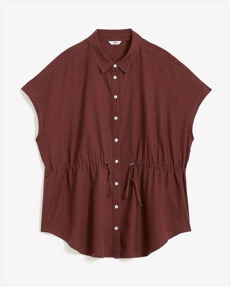 Blouse en mélange de lin à manches courtes et taille cintrée
