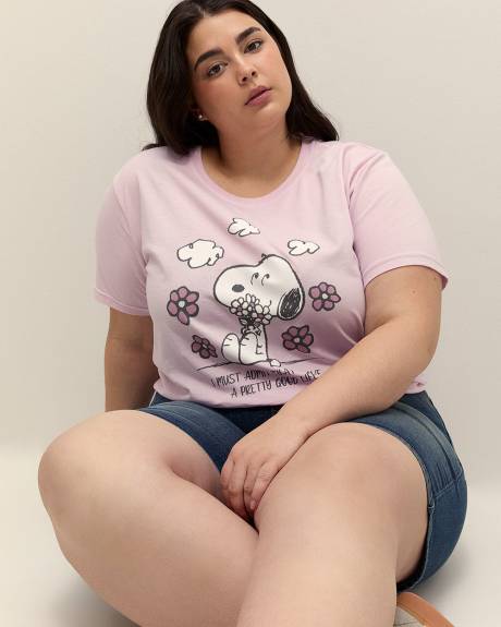 Purple Short-Sleeve Crewneck Tee with Floral Snoopy Print