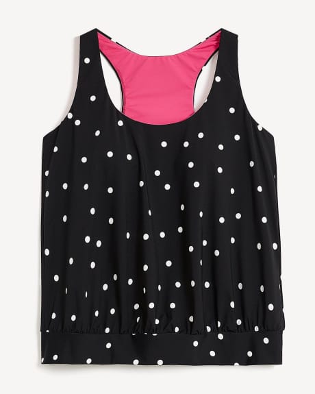 Black Dotted Tankini Top with Folded Band and Racer Back