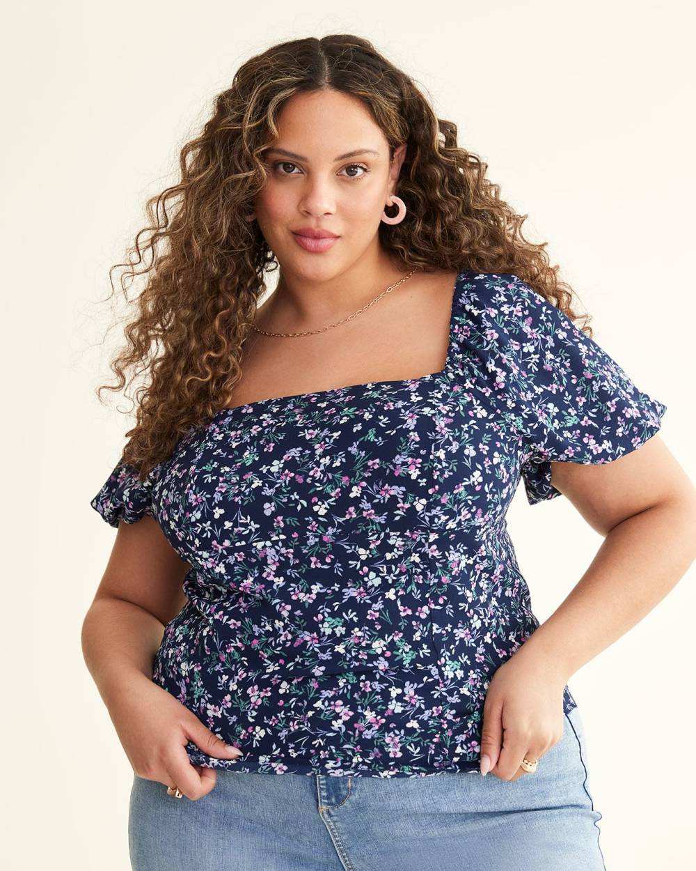 Printed Crepe Blouse with Short Balloon Sleeves
