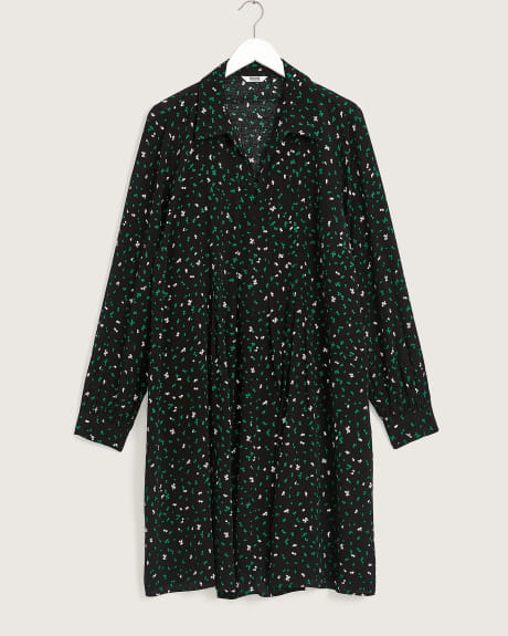 Printed Long-Sleeve Pleated Dress with Shirt Collar