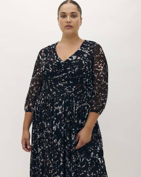 Mesh Printed Midi Dress with Asymetrical Hem - Addition Elle