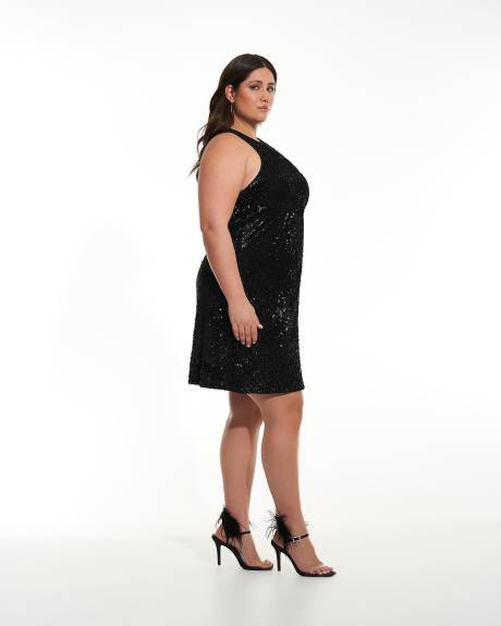 Sleeveless A-Line Halter Sequins Velvet Dress - Addition Elle