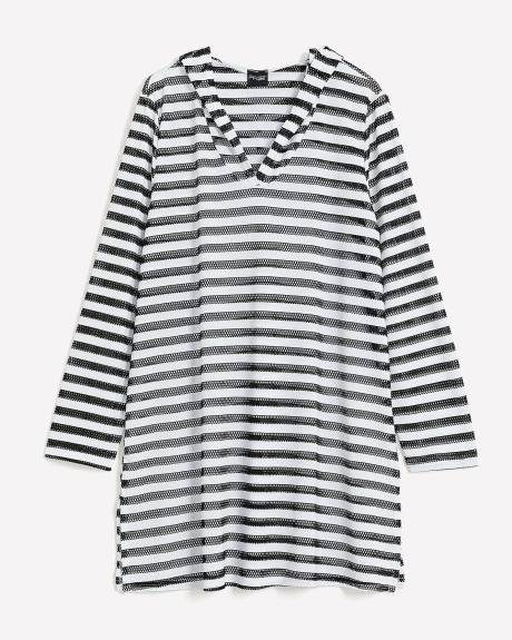 Eden Rock Short Hooded Striped Fishnet Swim Cover-Up Dress - Cover Me