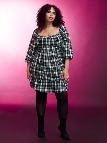 Plaid Tiered Dress with Balloon Sleeves - Addition Elle