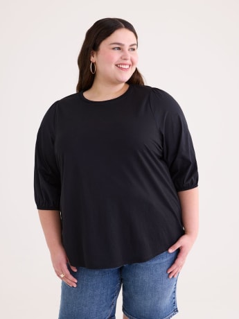 Crew-Neck Knit Top with Puffy-Sleeves