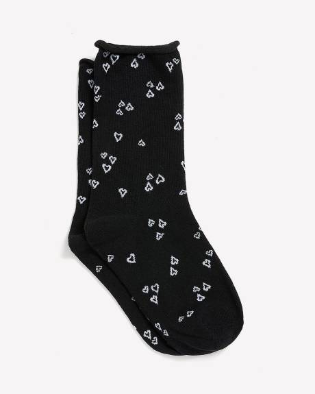 Black Crew Socks with Heart Outline Print