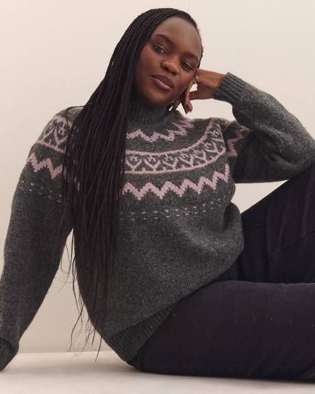 Grey Mock-Neck Sweater with Metallic Fair Isle Print Grey Mock-Neck Sweater with Metallic Fair Isle Print