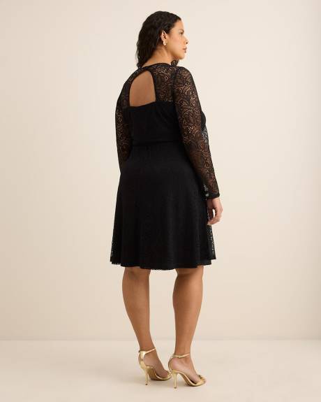 Fit and Flare Long-Sleeve Knit Lace Dress