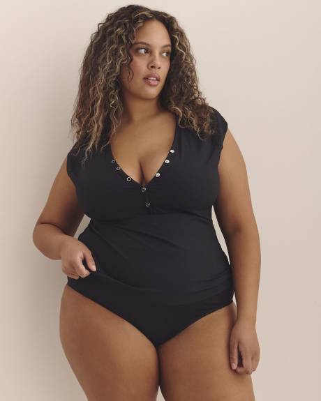 Black Rib Cap-Sleeve Henley Tankini Top