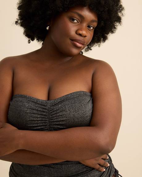 Tankini court noir scintillant style bandeau avec c&ocirc;t&eacute; fronc&eacute;