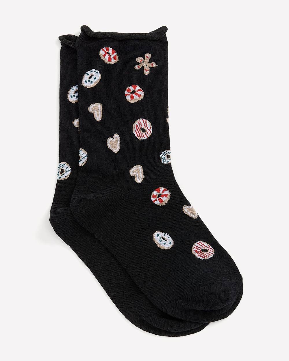Rolled-Edge Crew Socks with Donut and Gingerbread Print