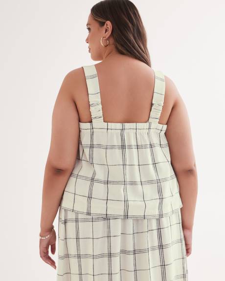 Blouse carreautée avec boutons décoratifs, mélange de lin