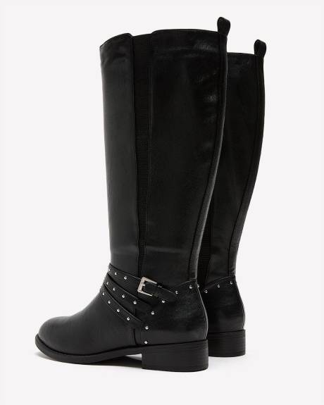 Extra Wide Width and Calf, Tall Black Boot with Thin Studded Straps