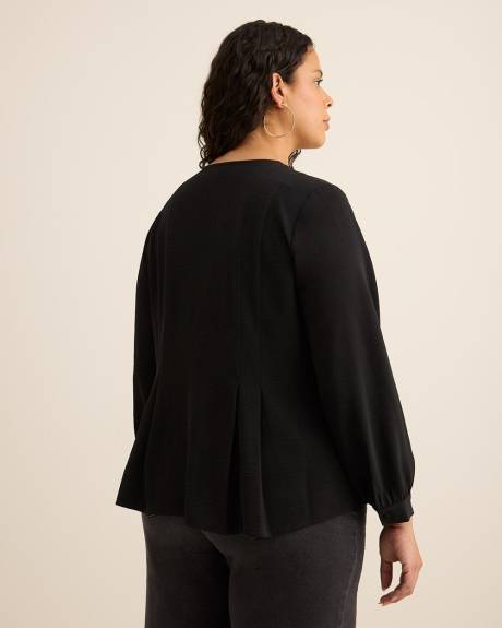 Long-Sleeve Flared Pleated Satin Blouse