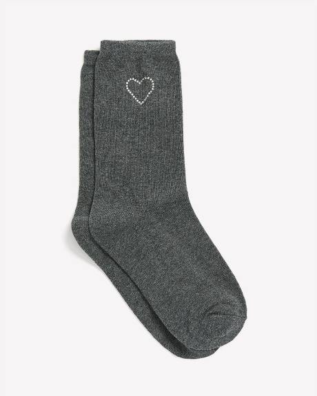 Grey Crew Sock with Rhinestone Heart