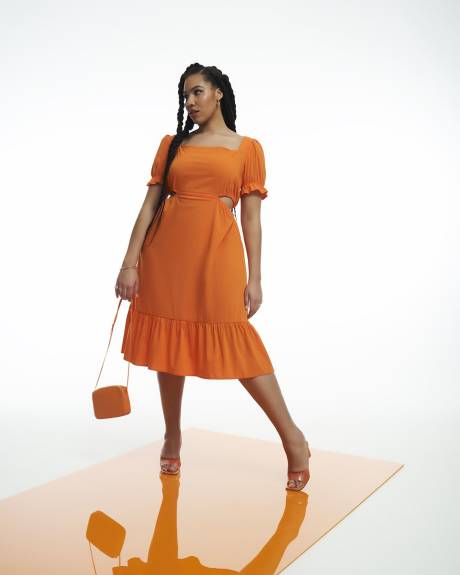 Puff-Sleeve Tiered Midi Dress with Waist Cut-Outs - Addition Elle