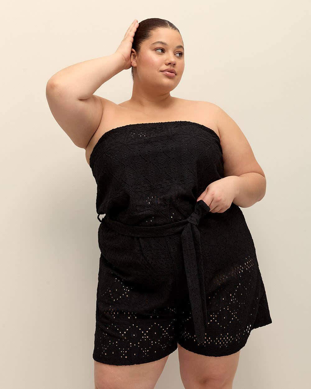 Black Strapless Belted Romper