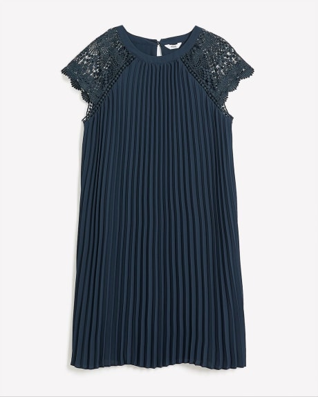 Responsible, Pleated Swing Dress with Crochet Sleeves