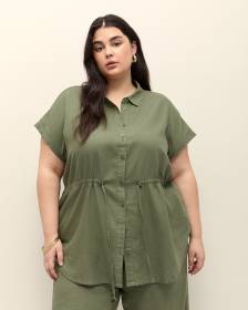 Linen Blend Blouse Dropped Shoulder Cinched Waist