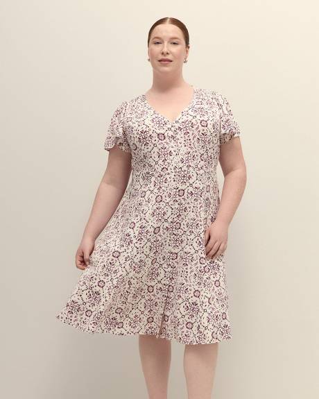 Responsible, Printed Flutter-Sleeve V-Neck Dress with Godets