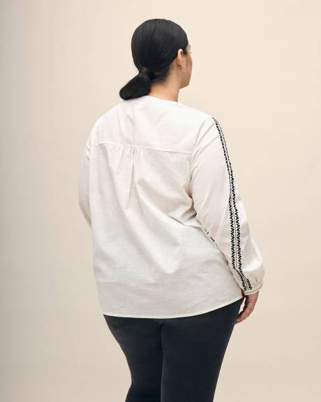 Long-Sleeve Split-Neck Blouse with Embroidery Detail