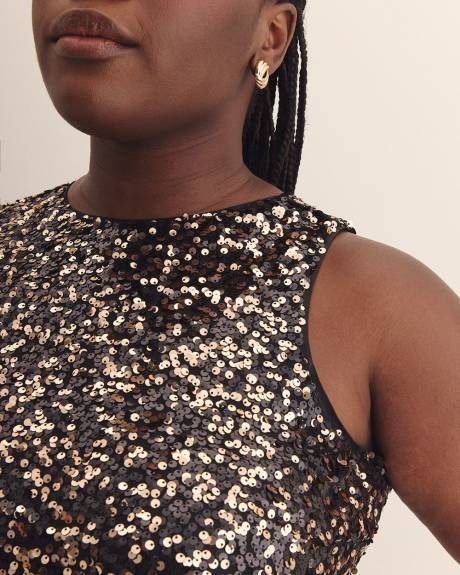 Flared Sequined Sleeveless Dress with Back Bow