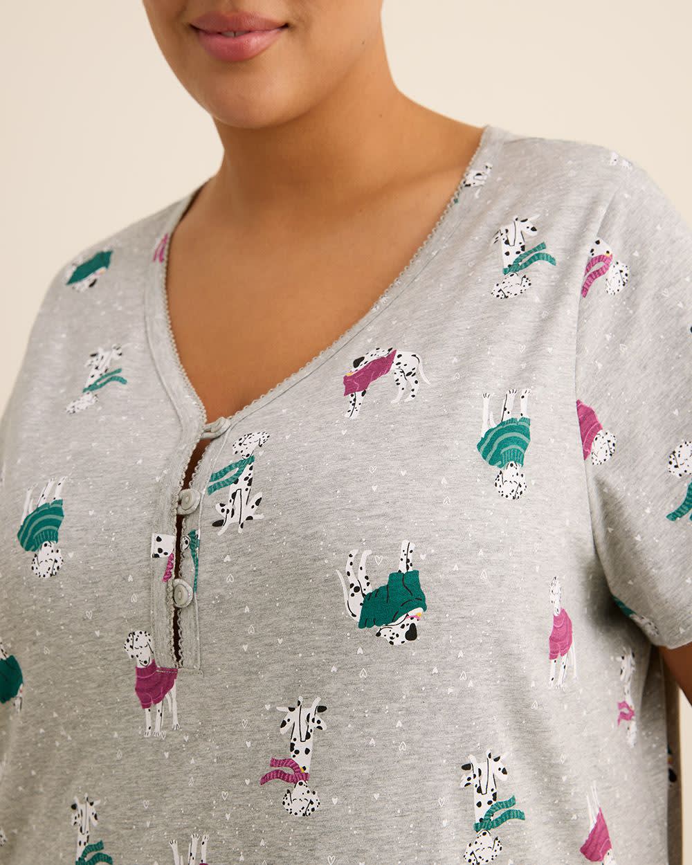 Long Grey Heather Knit Sleepshirt with Dalmatian Print - ti Voglio Long Grey Heather Knit Sleepshirt with Dalmatian Print - ti Voglio