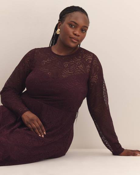 Fit and Flare Long-Sleeve Knit Lace Dress